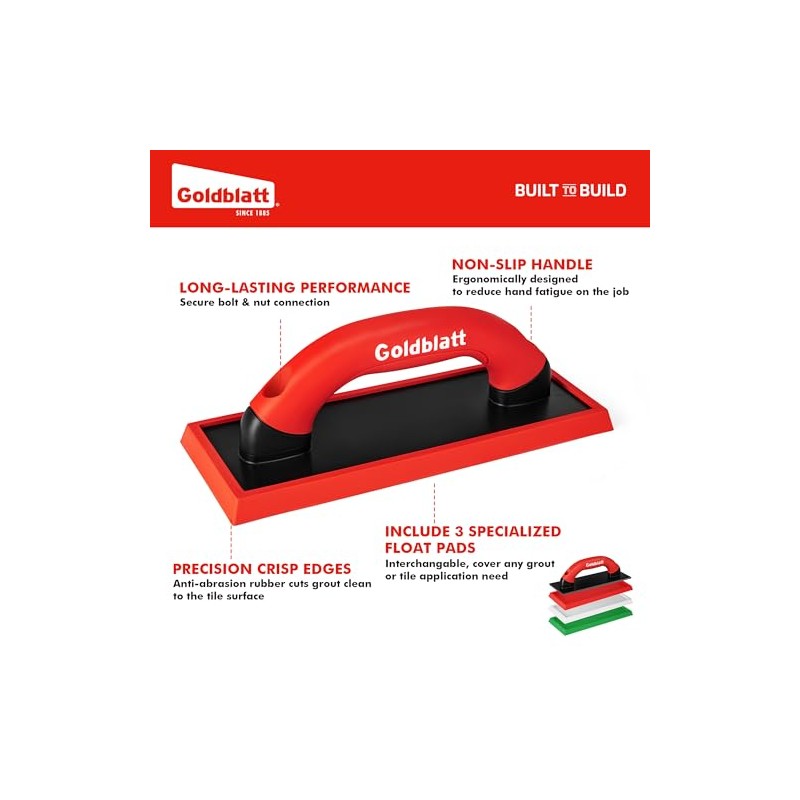 Goldblatt Grout Float with 3 Replaceable Pads, 3-3/4" x 9-5/8"