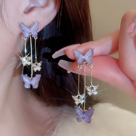 Purple Butterfly Earrings for Women Crystal Rhinestone Purple Earrings Inspired Earrings Merch Accessories Gifts for Women Fans Costume Outfits, Leather, No Gemstone