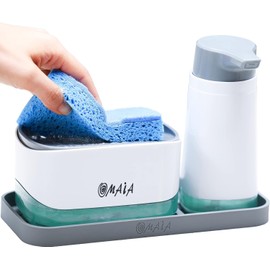 OMAIA 4-in-1 Dish Soap Dispenser Set with Sponge Holder and White Gray