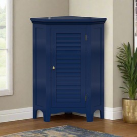 Teamson Home Glancy Corner Freestanding Woodeen Floor Cabinet with Faux Louvered Door, 2 Adjustable Tier Storage Organizer Cabinet for Bathroom Living Room, Navy
