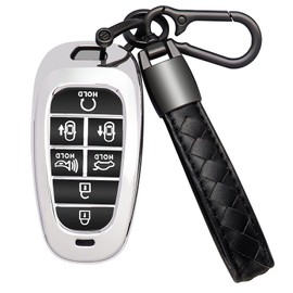 Kespevn for Hyundai Key Fob Cover 7 Button with Leather Keychain Soft TPU 360 Degree Protection Car Key Case Shell Holder Fits for 2023 2022 2021 2020 Hyundai Sonata Santa fe Tucson, Silver