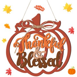 Thankful and Blessed Door Decor Fall Thanksgiving Sign Hollow Pumpkin Fall Door Decor Wood Pumpkin Sign Wooden Fall Hanger Signs Harvest Fall Hanging Wall Door Decor with Triangle Hooks and Rope