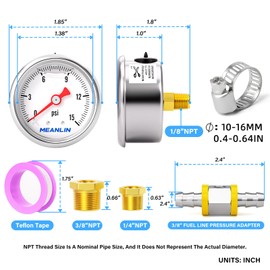MEANLIN MEASURE 0-15Psi Stainless Steel Glycerin Filled Pressure Gauge 1/8" NPT 1.5" Face Dial, with 3/8" Line Pressure Adapter, 9-Piece Kit, Back Mount