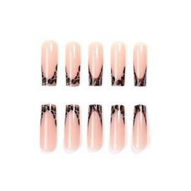 SINHOT Square Press on Nails Long Fake Nails Glossy Glue on Nails Leopard Print Acrylic Nails Squoval Artificial Nails French Tip Stick on False Nails with Design 24pcs