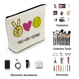YULUENZE Softball Presents Softball Cosmetic Bag Softball Coach Presents Softball Team Presents for Softball Lovers Player Fans Presents for Women Softball Makeup Bag - Peace Love Softball