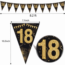 40Pcs Happy 18th Birthday Banner Bunting Flags Gold and Black Glitter Anniversary Party Decoration Supplies, Triangle Flag Banners for Men Women