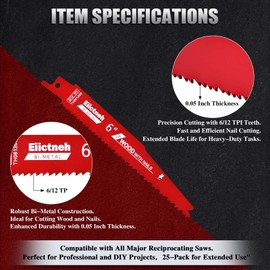 25 Pack 6 Inch 6/12 TPI Stud and Nail Bi-Metal Reciprocating Sawzall Blades – Ideal for Cutting Nail-Embedded Wood, Metal, PVC, and More – Universal Fit with Storage Case
