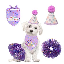 KASESSS 3 Pcs Dog Birthday Bandana Set, Purple Dog Bandana for Birthday, Dogs Birthday Hat, Girl Pet Glitter Dress Party Supplies, Cute Reusable Accessory Decorations for Small Medium Dogs Cats