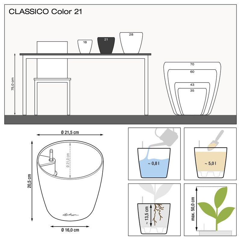 Lechuza Classico Self-Watering Polypropylene Planter, 9" x 9" x 8"