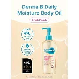 Derma B | Daily Moisture Body Oil | 99% Natural Argan & Sweet Almond Oil | Shower Oil for Dry Sensitive Skin | Light & Long-Lasting Hydration | Skin Body Care Oil with Peach Scent | 6.78 fl oz (200ml)