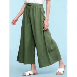 Come Together California CTC Womens Washed Linen Casual Loose Wide Leg Pants Pocket Pant with Draw String L Green