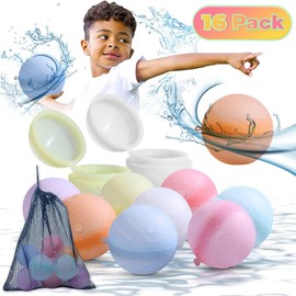 16 Pcs Reusable Water Balloons with Mesh Bag, Quick Fill & Self-Sealing Water Balloons for Kids Outdoor Backyard Summer Activities Water Games