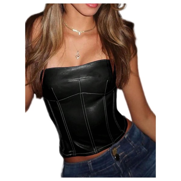 Floerns Women's Y2k Leather Corset Tops Lace Up Backless Tube