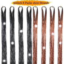 Hair Tinsel 50inch 8packs 1600 Strands Black and Brown Tinsel Hair Extensions Shiny Hair Accessories Sparkling Fairy Glitter Hair Extension for Women Girls Kids(50",Black+Brown)