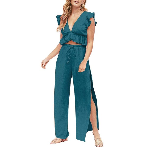 FANCYINN Womens Teal Bule Two Pieces Outfits Deep V Neck