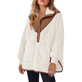 Panadila Womens Fuzzy Fleece Pullover Oversized Sherpa Sweatshirt with Pockets Trendy Warm Button Down Sweater (White,S)