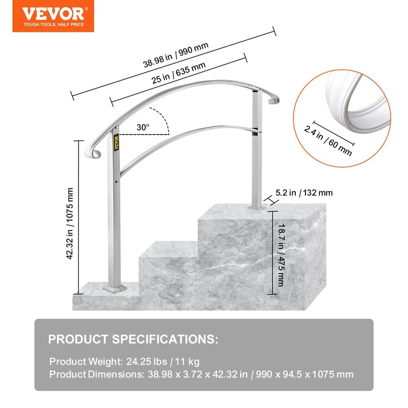 VEVOR Handrail for Outdoor Steps, 2-3 Steps White Arch#1, Adjustable