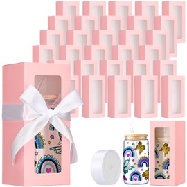 FillTouch 60 Pcs Gift Boxes with Ribbon for Sublimation Glass Exhibition Transparent Tumbler Gift Boxes for 12oz 16oz 20oz Glass Jar Shipping Packaging(Pink)