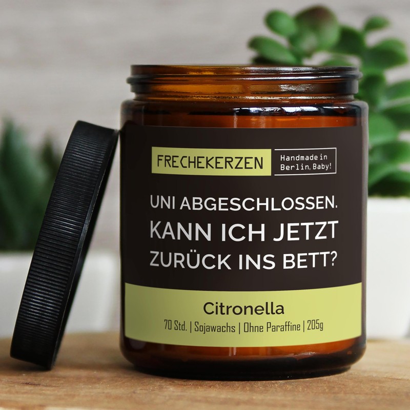Lustige Citronella Kerze mit Spruch zum Bachelor & Master |