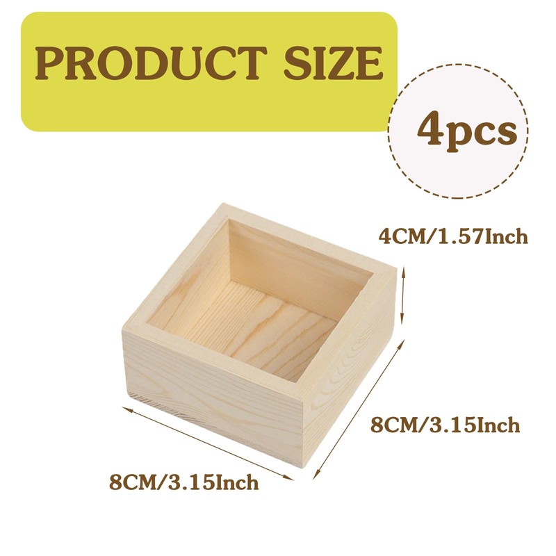 4 Pack Unfinished Wooden Craft Storage Organiser Boxes, 3.15 x