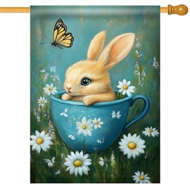 Morigins Easter Bunny Garden Flag Double Sided Daisy Floral Cute Rabbit in Teacup Butterfly for Outside Welcome Spring Holiday House Flag 28×40 inch