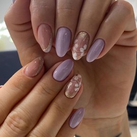 Almond Press on Nails Short Fake Nails with Gold Glitter Flower Designs Purple Nails Press ons Glossy Glue on Nails French Tip False Nails Nude Acrylic Nails Full Cover Stick on Nails for Women 24Pcs