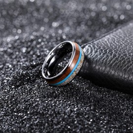 TRUMIUM 8mm Mens Wedding Band Real Deer Antler Koa Wood & Turquoise Inlay Tungsten Carbide Rings Engagement Band Beveled Edges Comfort Fit Size 12