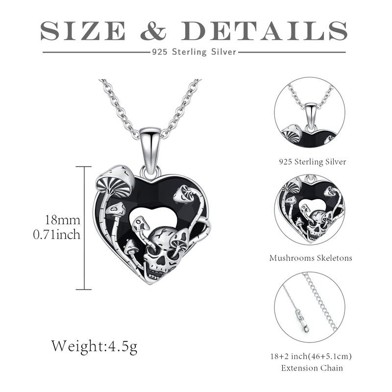 Skull Mushroom Necklace 925 Sterling Silver Gothic Punk Jewelry for