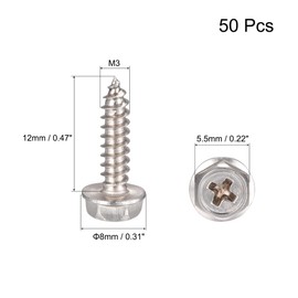 sourcing map Phillips Hex Washer Self Tapping Screws, M3 x 12mm 304 Stainless Steel Hex Flange Sheet Metal Screw 50pcs