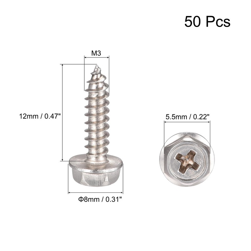 sourcing map Phillips Hex Washer Self Tapping Screws, M3 x