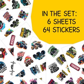 64pcs Monster Truck Stickers - Cool Vinyl Decals Pack for Kids & Toddler, 2-3 Inch Waterproof Designs for Phone Cases, Laptops, Luggage, Birthday Parties, Picnic Crafts, and Daily Decoration