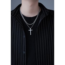 VQYSKO Cross Necklace for Men Women, CZ 14k Gold Plated Stainless Steel Plain Simple Cross Pendant Necklace for Men (22, Layered Silver), Stainless Steel, stainless steel