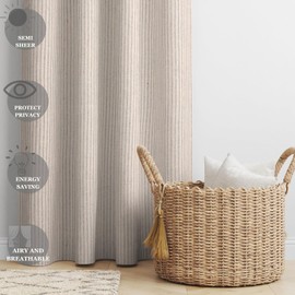 THE ART BOX Gauze Striped Curtains, Boho Linen Gauze Tab Top Curtains, Light Filtering Door Window Treatment 2 Panels for Living Room Home Decor, Grey (90 x 42 inches per panel)
