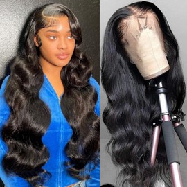 Body Wave Lace Front Wigs Human Hair Wigs for Women 13x4 180% Density HD Lace Frontal Wig Pre Plucked with Baby Hair Perruque Femme Humain Naturel 28 Inches Natural Black