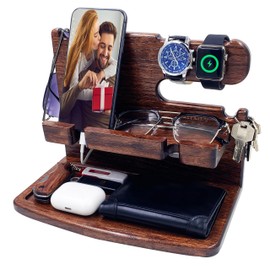VEIYAILU Gifts for Men Women Dad Husband Boyfriend Wood Phone Docking Station Nightstand Organizer for Men Birthday Gifts (Dark Brown)