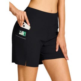 BVVU Women's 5" High Waisted Swim Board Shorts with Pockets Liner Tummy Control UPF50+ Quick Dry Beach Swimsuit Bottoms Black