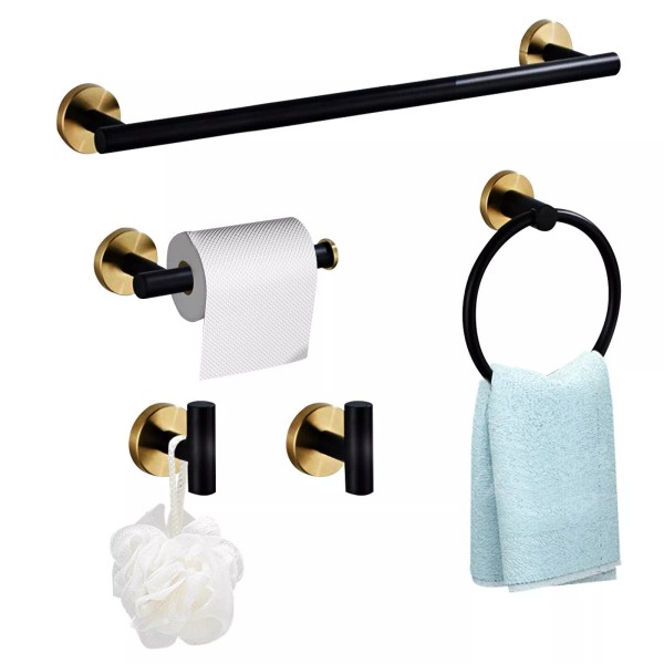 Unbranded Stainless Steel 5-Piece Bathroom Hardware Set Black and Gold,
