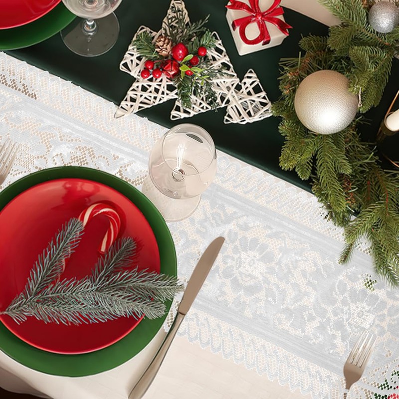Christmas Table Runner, Lace Table Runner White Christmas Runner for