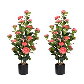 Romantic Season 2Pack Artificial Camellia Tree 3FT, Pink Faux Camellia Plant Fake Potted Camellia Flower Tree Plastic Camellia Tree for Modern Home Office Living Room Floor Décor Indoor