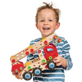 Eichhorn 100039085 - Constructor Feuerwehrauto, 155 TLG., Holz-Konstruktions-Set, 3 Verschiedene Modelvarianten baubar, FSC 100% Zertifiziertes Buchenholz, Made in Germany