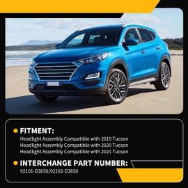 Jecoupoon 92101D3650 Driver Side Halogen Headlight Assembly w/DRL Comptible with 2019-2021 Tucson