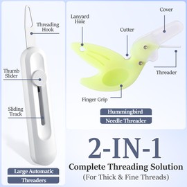 Dreyoo Needle Threader Set for Hand Sewing, 2 Large Automatic Threaders for Yarn & Thick Thread + 2 Hummingbird Fine Threaders with Cutter, Threading Tool Kit for Embroidery, Sewing Machine (4 Pack)