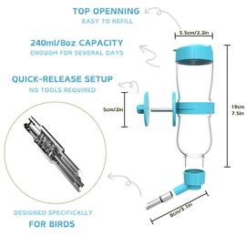 Bird Water Feeder, Automatic Water Dispenser for Cage Hanging Water Bottle for Parakeet Canary Cockatiel Finch Budgie (Blue, 240ml)