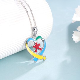 CVRAVO Autism Awareness Necklace 925 Sterling Silver Autism Puzzle Piece Necklace Autism Awareness Jewelry Gifts for Women
