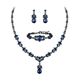 Crysdue Elegance Leaf Wedding Jewelry Set for Women Bridal Bridemaid, Austrian Crystal Teardrop Necklace Dangle Earrings for Prom Party Sapphire Black-Tone