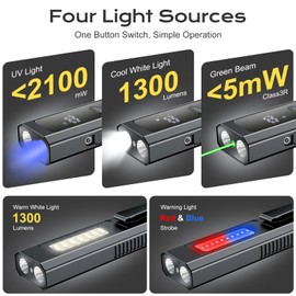 Acoszero EDC Flashlight 4 in 1 Pocket Magnetic Slim Flat Flashlight High Lumens Work Light with Green Beam & UV Light & Warning Light Combo EDC Rechargeable LT-010 (Black Color)