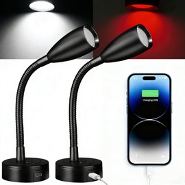 CamperXlite 2 Pezzi Lampada da Lettura LED 12-24V – Flessibile Collo di Cigno, Dimmerabile, 20W Tipo-C, Luce Rossa Ausiliaria, Perfetta per Camper, Barca, Yacht, Traghetto, Autobus (Nero, 4000K)