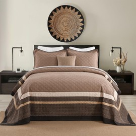 FineStichery Oversized Quilt Bedspread 128"x120" - 100% Cotton Farmhouse California King Bedspreads Coverlet Set with Pillow Shams, Lightweight Quilted Bed Cover, 3 Piece, Brown/Beige