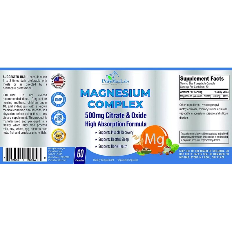 Magnesium Citrate Citrato de Magnesio 500 mg puro Citrato de