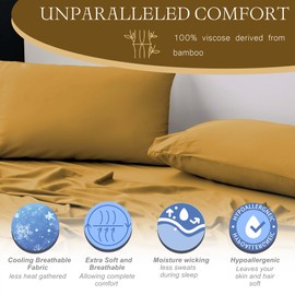 Viviland Cooling Full Sheets, Bamboo Viscose with Elastic Corner Straps, Gold Cold Siky Sheet & Pillowcase Sets for Hot Sleepers